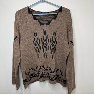 Peruvian Connection Sweater Women’s Large Brown V-Neck Tribal Aztec Cotton